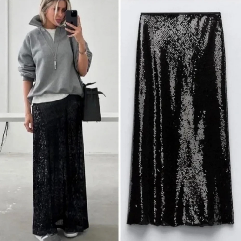 ZARA SEQUIN MIDI SKIRT size XS Black - Picture 2 of 13